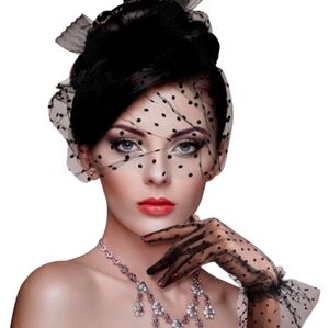 Beloved Millinery Elegant Black Pillbox Fascinator Polka Dot Glove Set